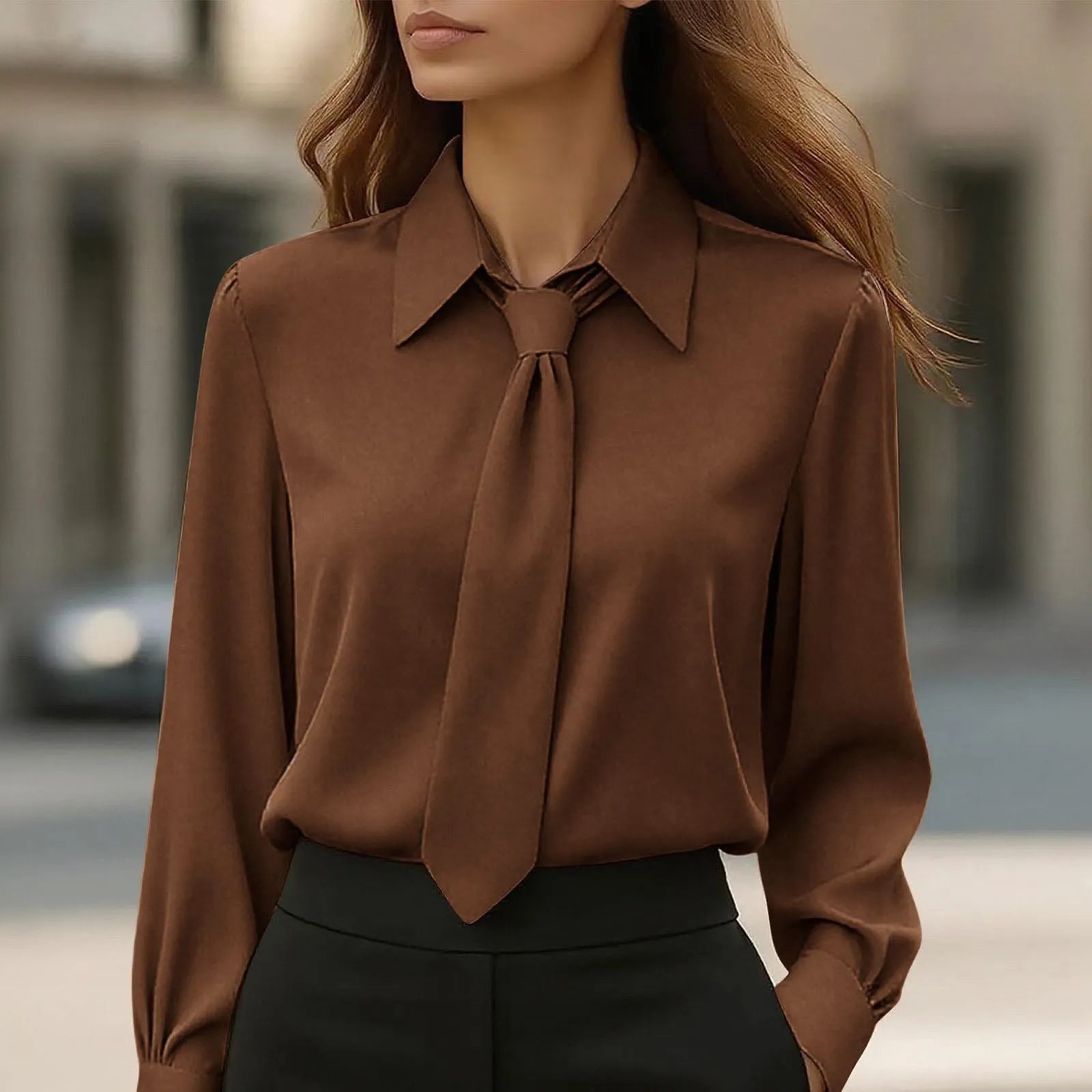 Lapel Tie Neck Solid Soft Satin Long Sleeve Commuter Blouse