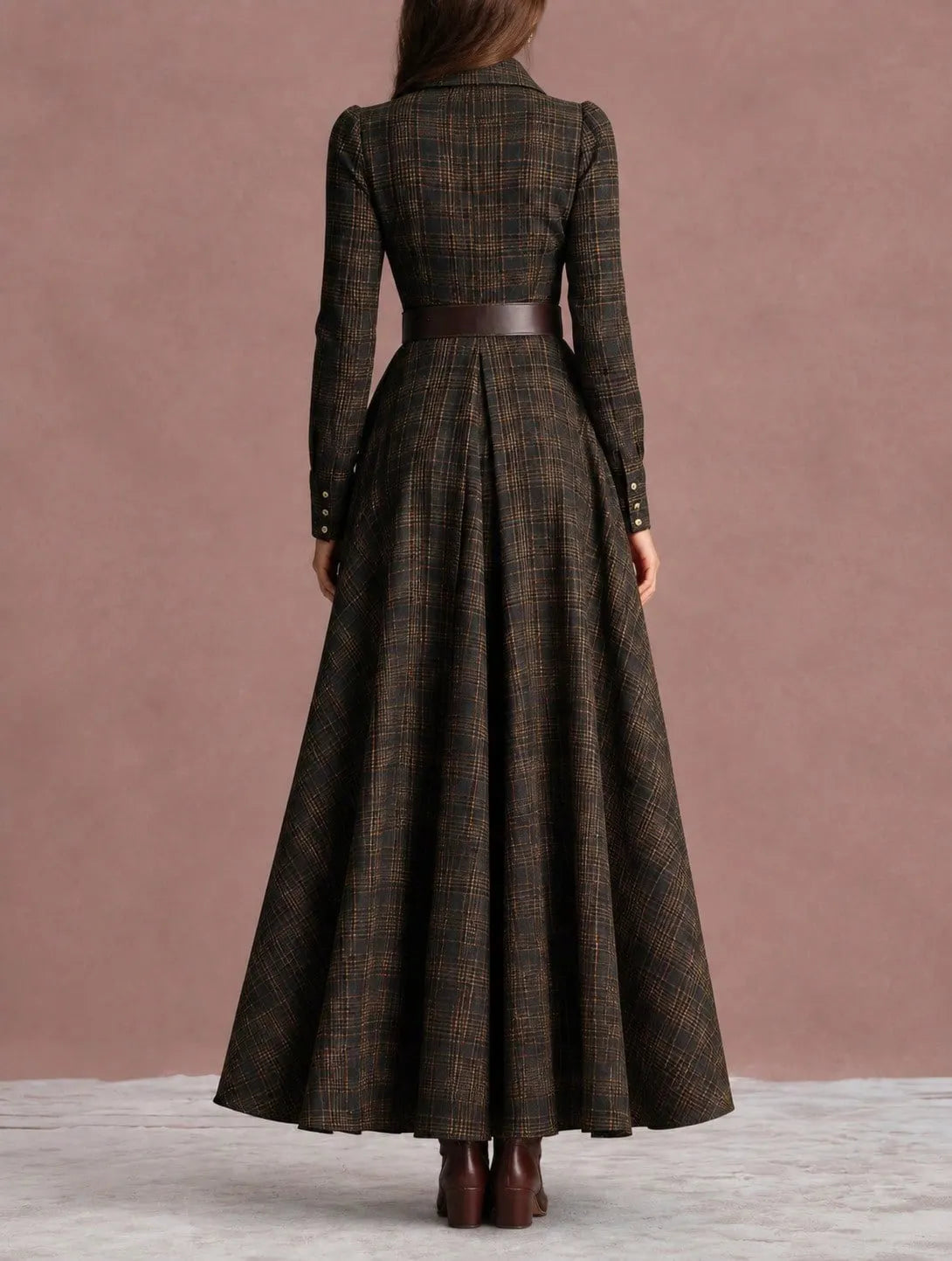Plaid Long Sleeve Collared Maxi Shirt Dress