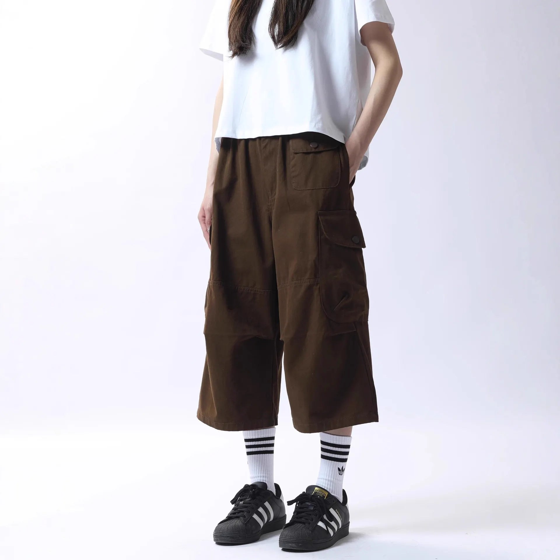 Elastic Waist Multi-Pocket Spliced Cargo Cropped Casual Pants