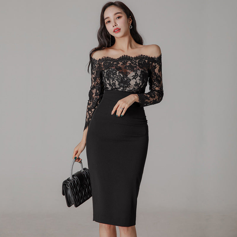 White Off-the-Shoulder Lace Midi Dress, Long Sleeve Bodycon Formal Cocktail Dress