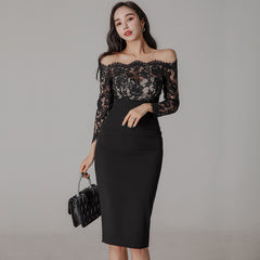 White Off-the-Shoulder Lace Midi Dress, Long Sleeve Bodycon Formal Cocktail Dress