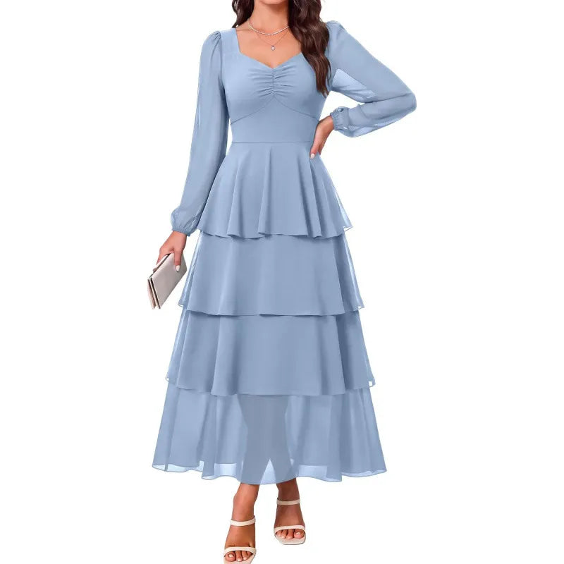 Dusty Blue Chiffon Tiered Maxi Dress | Long Sleeve Sweetheart Neck Formal Dress