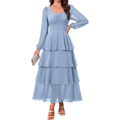 Dusty Blue Chiffon Tiered Maxi Dress | Long Sleeve Sweetheart Neck Formal Dress