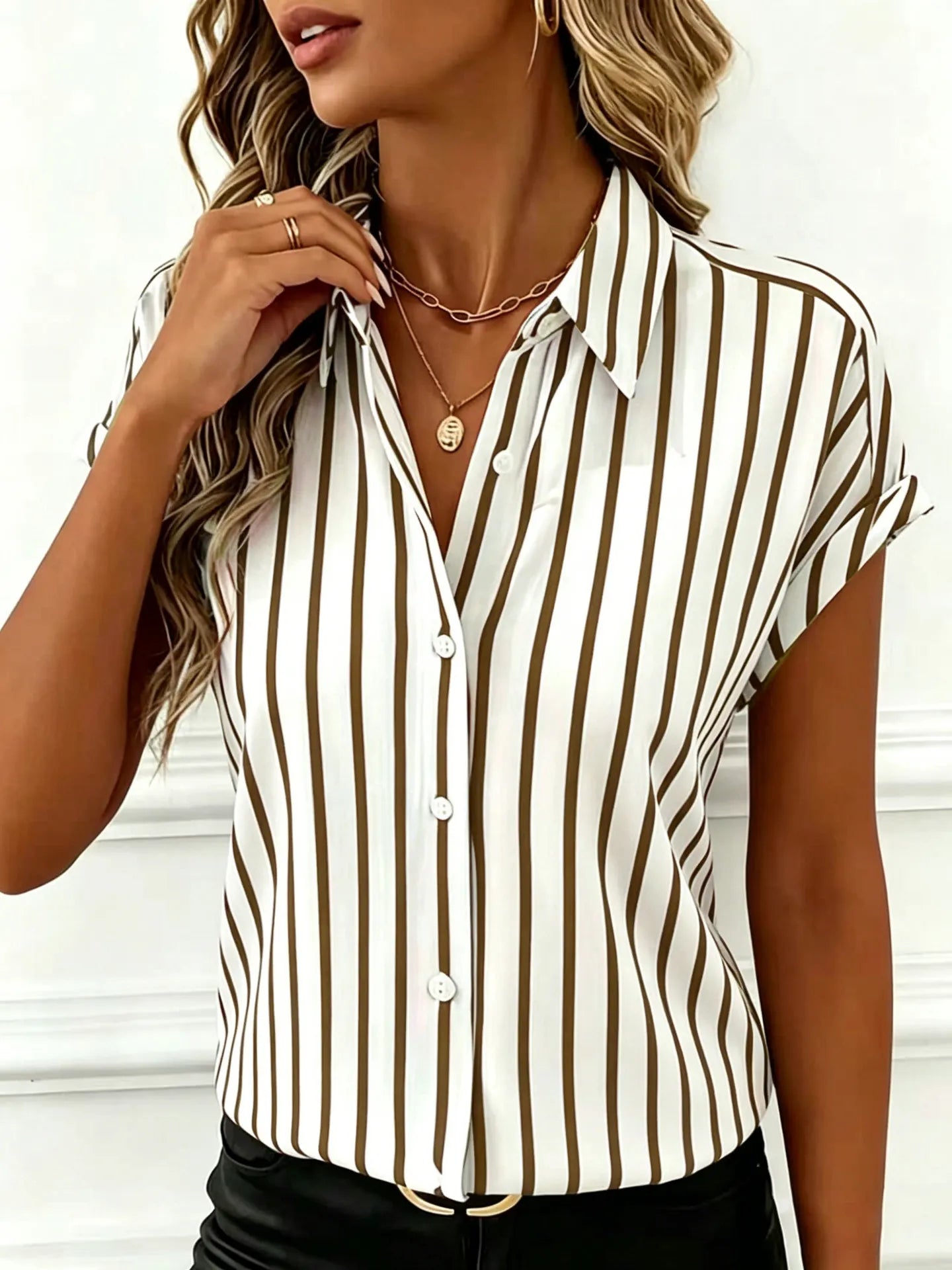 Vertical Stripe Cuffed Short Sleeve Shirt