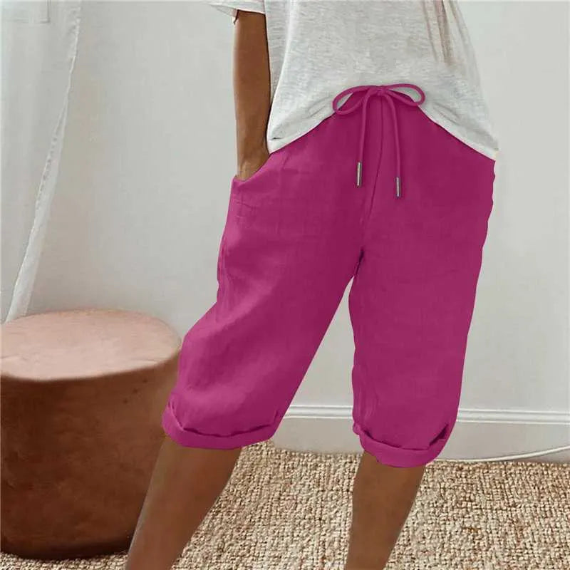 Cotton Linen Drawstring Waist Capri Pants,