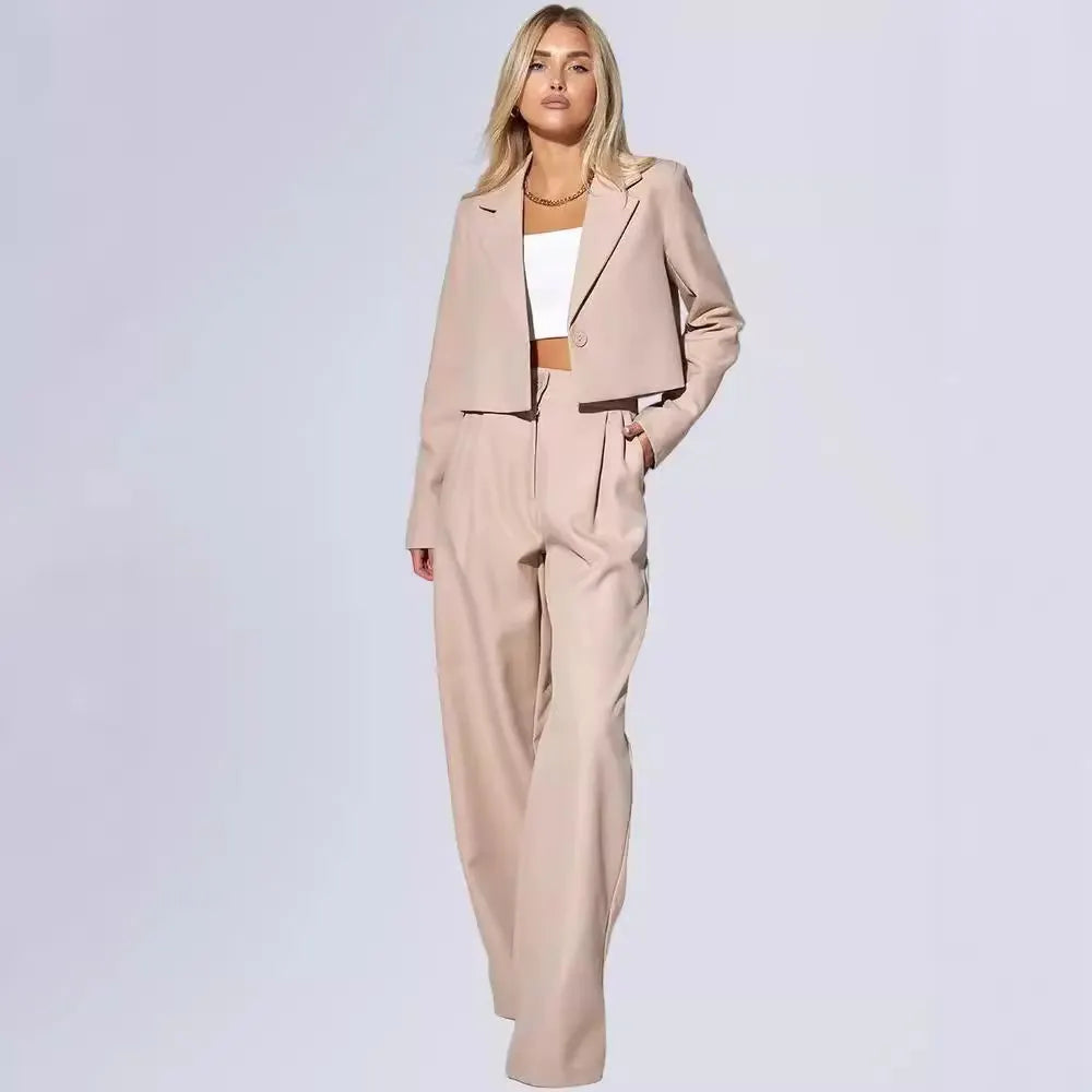 Solid Cropped Lapel Blazer & High Waist Wide Leg Pants Two Piece Suit Set