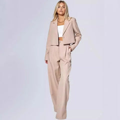 Solid Cropped Lapel Blazer & High Waist Wide Leg Pants Two Piece Suit Set