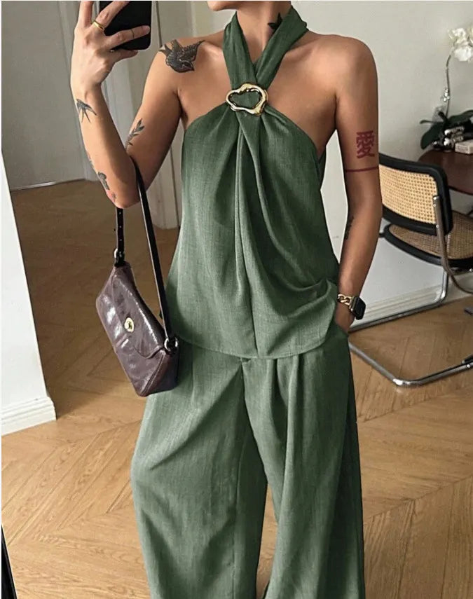 Linen Halter Top Wide Leg Pants Matching Two Piece Set