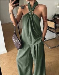 Linen Halter Top Wide Leg Pants Matching Two Piece Set