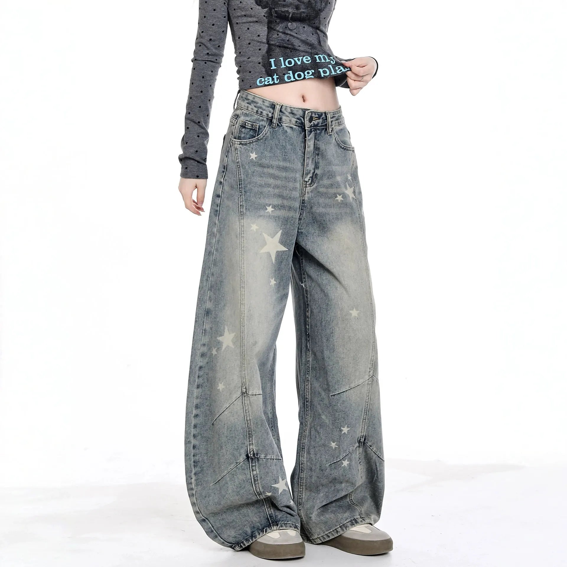 High Waist Star Print Wide Leg Jeans