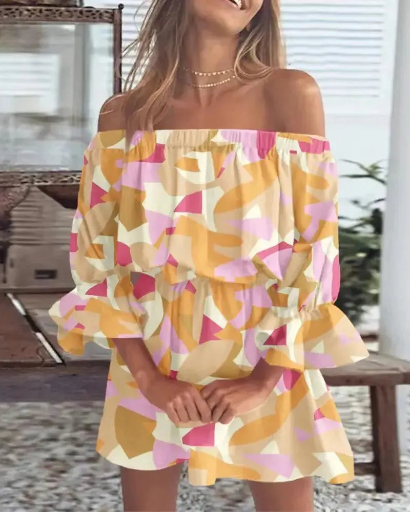 Off-the-Shoulder Ruffle Mini Dress, Floral Print Bell Sleeve Summer Dress