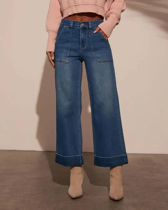Casual Patch Pocket Wide Leg Denim Pants