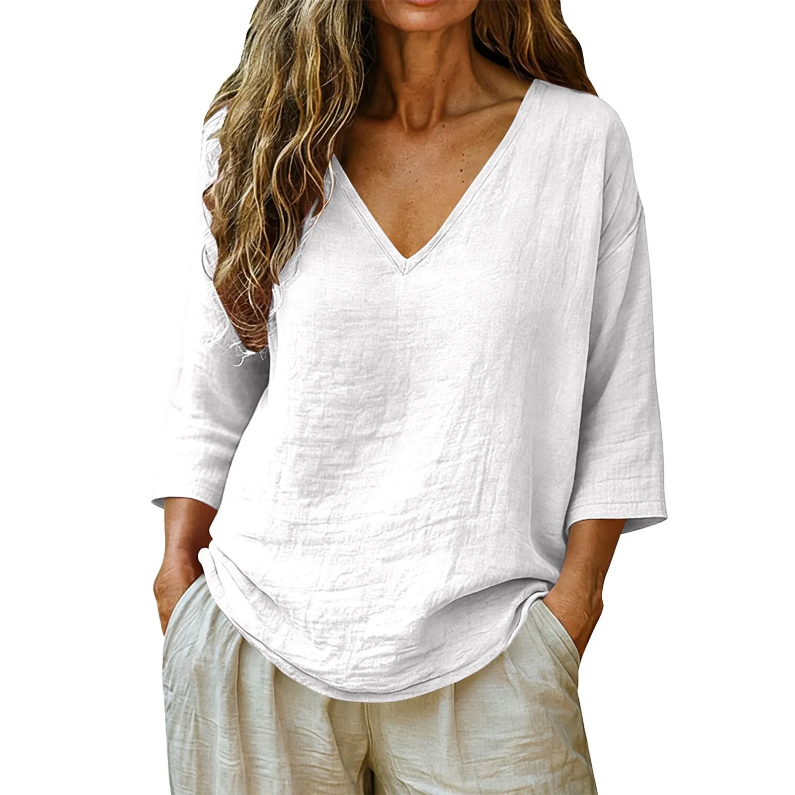 V-Neck Solid Color Loose Three-Quarter Sleeve Casual Polyester Tee