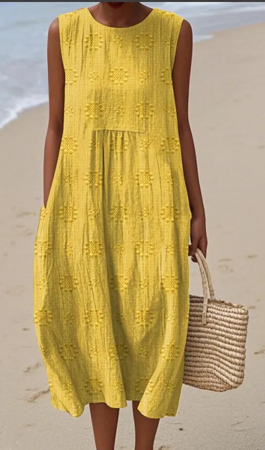 Round Neck Sleeveless 3D Floral Print Loose A-Line Midi Dress