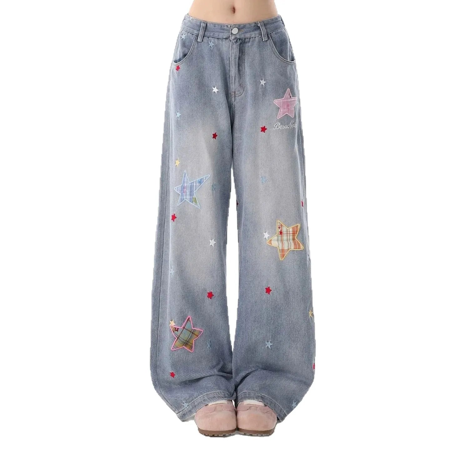 High Waist Star Patch Wide Leg Long Jeans