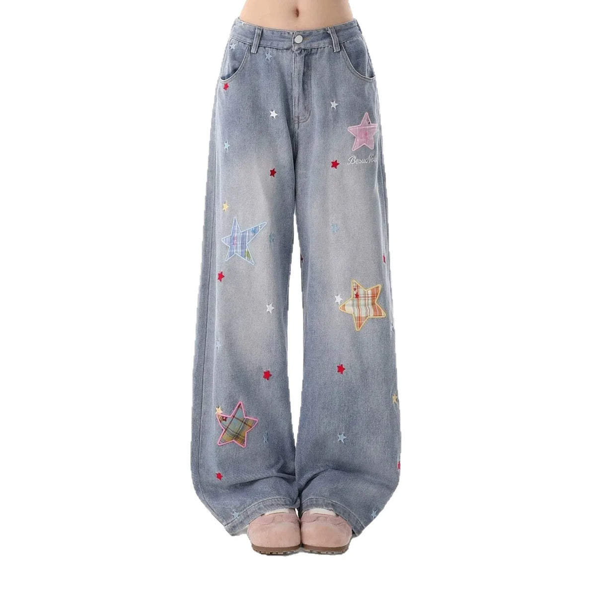 High Waist Star Patch Wide Leg Long Jeans