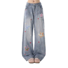 High Waist Star Patch Wide Leg Long Jeans