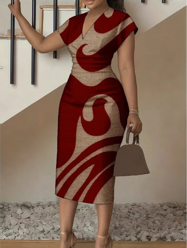 3D Stereoscopic Color Block Deep V-Neck Bodycon Midi Dress