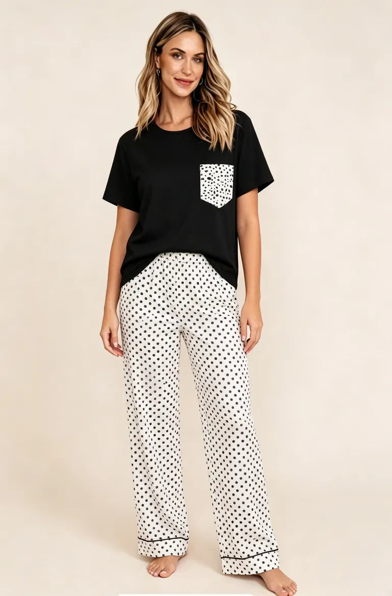 Color Block Polka Dot Pocket Short Sleeve Long Pants Loungewear Set