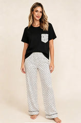 Color Block Polka Dot Pocket Short Sleeve Long Pants Loungewear Set