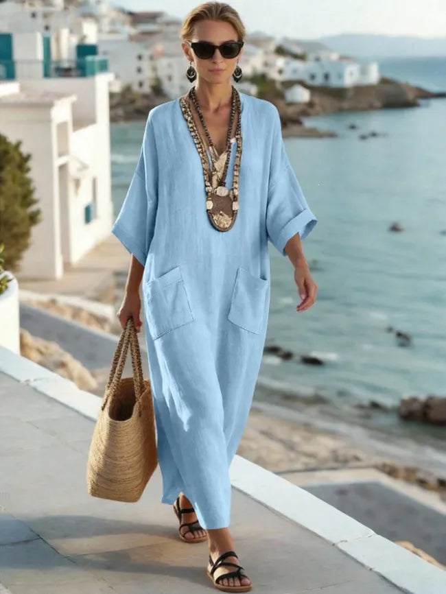 V Neck Seven-Quarter Sleeve Pocket Side Slit Loose Woven Maxi A-Line Dress
