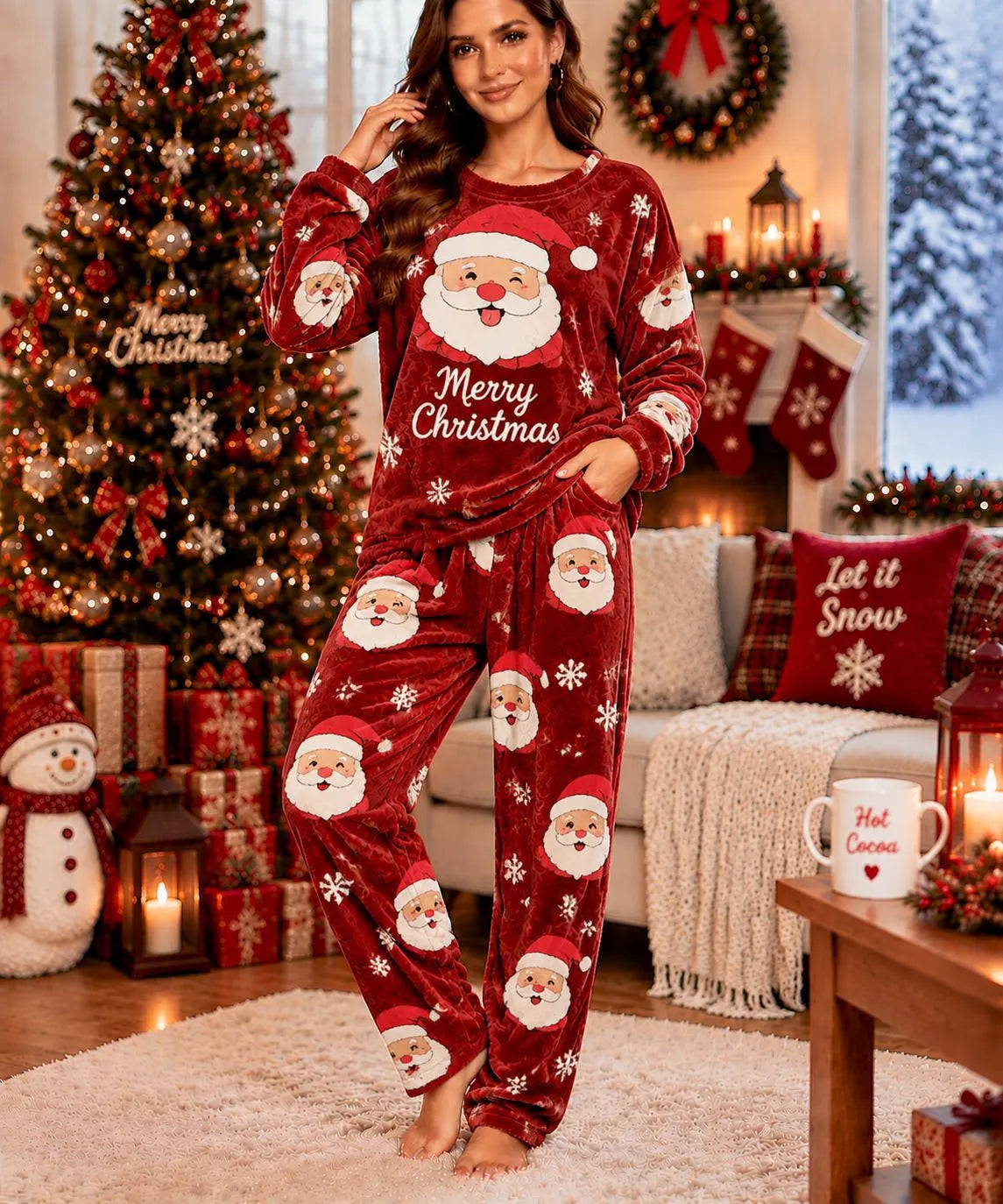 Cute Christmas Snowman Fleece Loungewear Set Round Neck Long Sleeve Top & Elastic Waist Full Length Pants