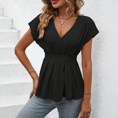 V-Neck Short Sleeve Waist Pleated Slim Pullover OL Commuter Blouse