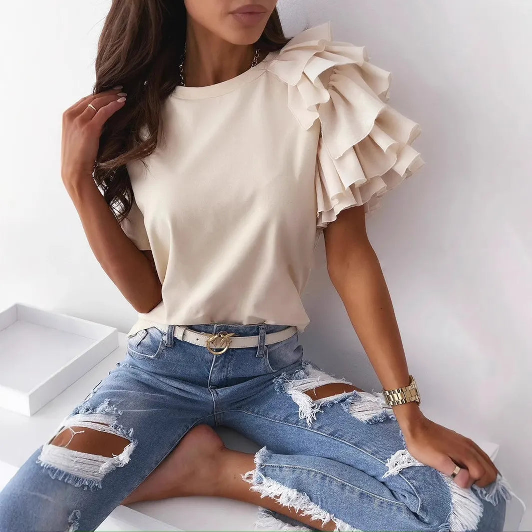 One Shoulder Ruffle Sleeve T-Shirt
