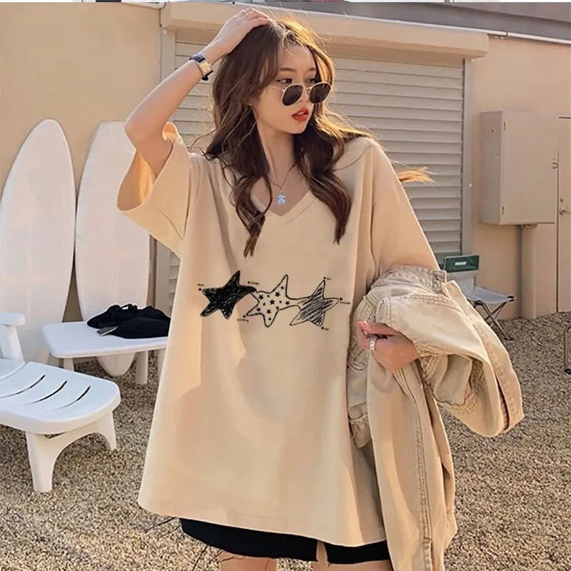 V Neck Pentagram Print Loose Pure Cotton Short Sleeve Casual T-shirt