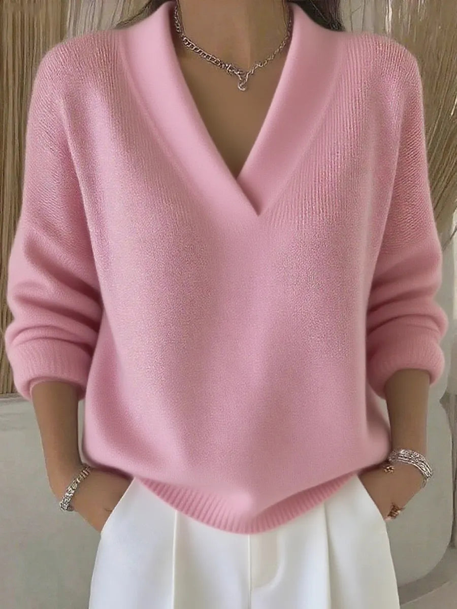 V Neck Solid Color Knit Pullover Sweater