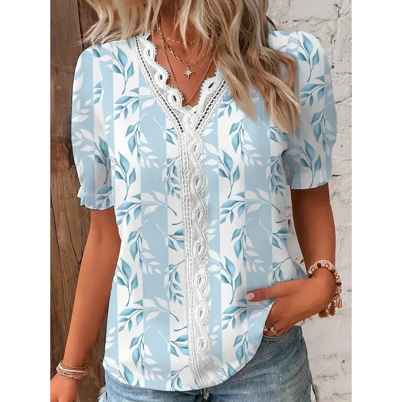 Floral Print Lace V-Neck Short Sleeve Casual Blouse