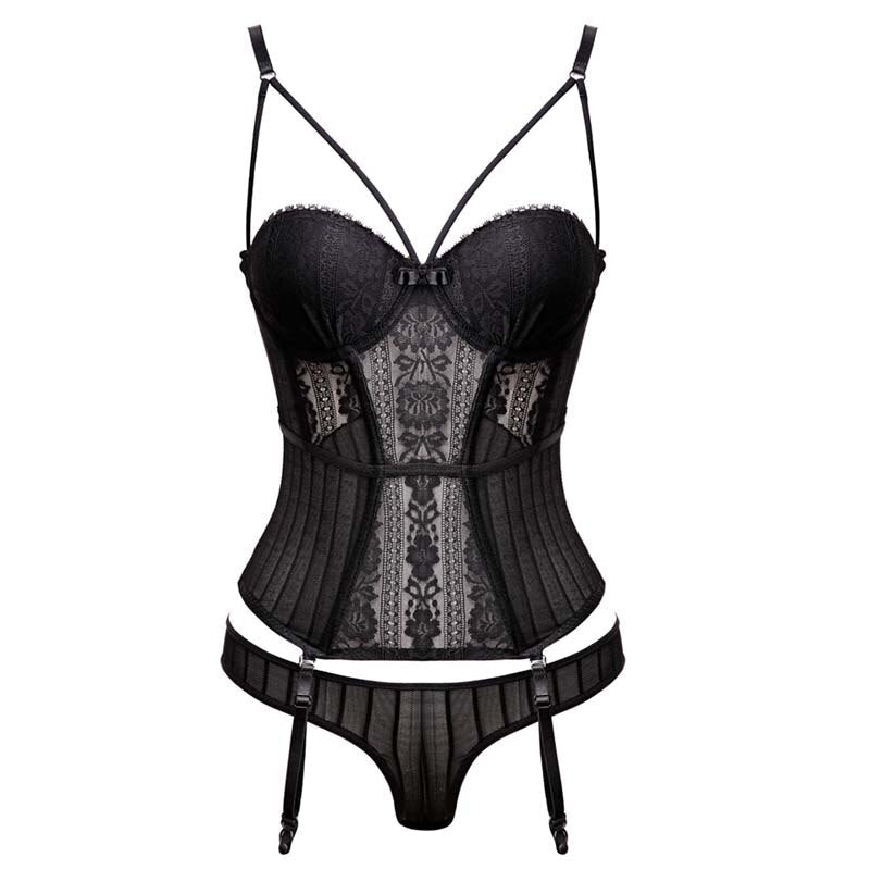 Gothic Corset Bustier With Cup Girdle Set With Straps Transparent Underwear