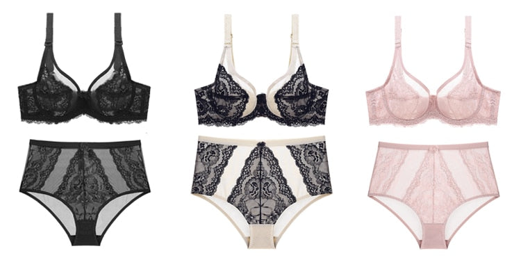 French Lace Embroidery Bra Set Push Up Lingerie Ultra-thin Underwear Set