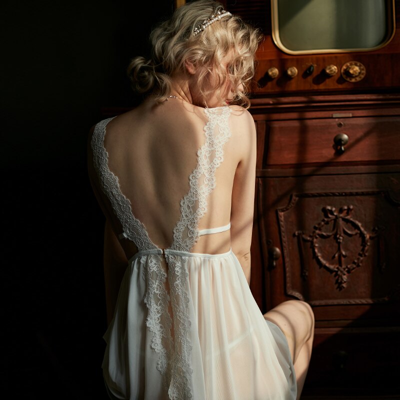 V-Neck Sleepwear Casual Backless Lace Pajama With Thong