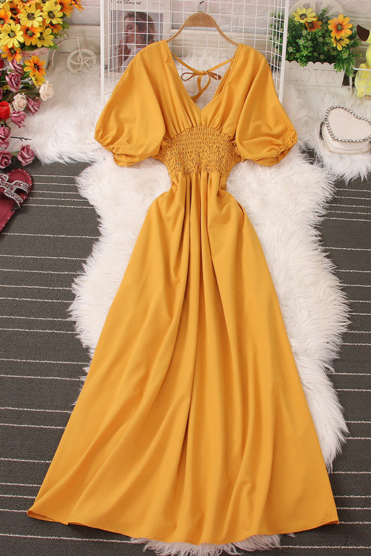 V-Neck Short Sleeve Backless Maxi Dress
