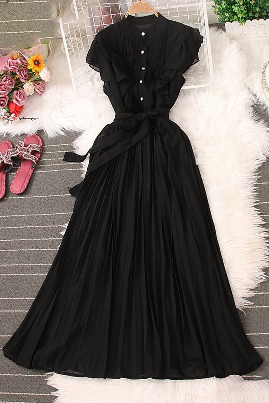 Buttons Strappy Pleated Dress