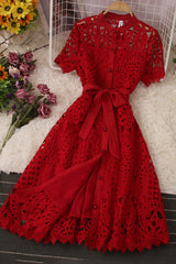 Lace Hollow Short Sleeve Buttons Maxi Dress