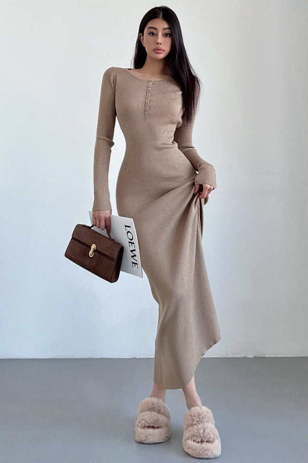 Buttons Knit Long Sleeve Maxi Dress