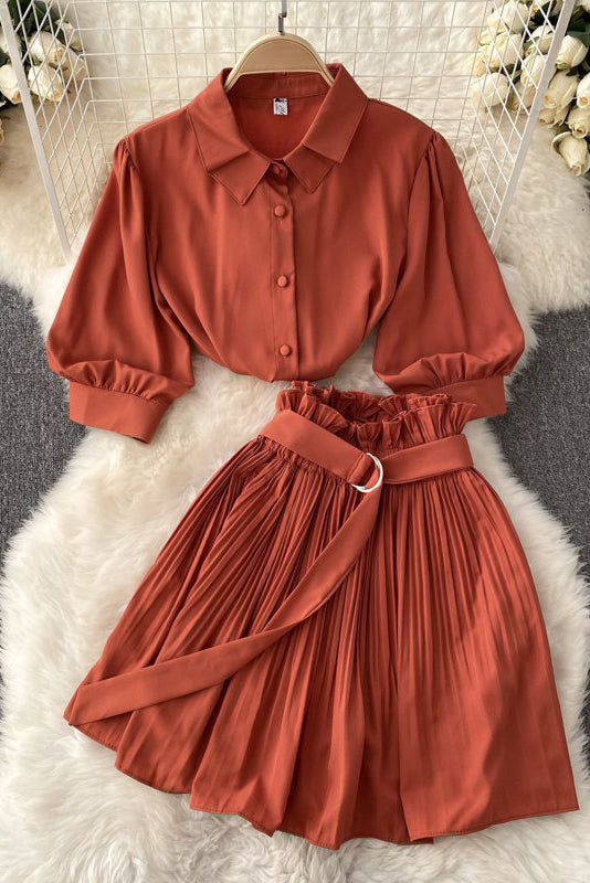 Short Sleeve Shirt Tops Pleated Skirt Set Two-Piece
