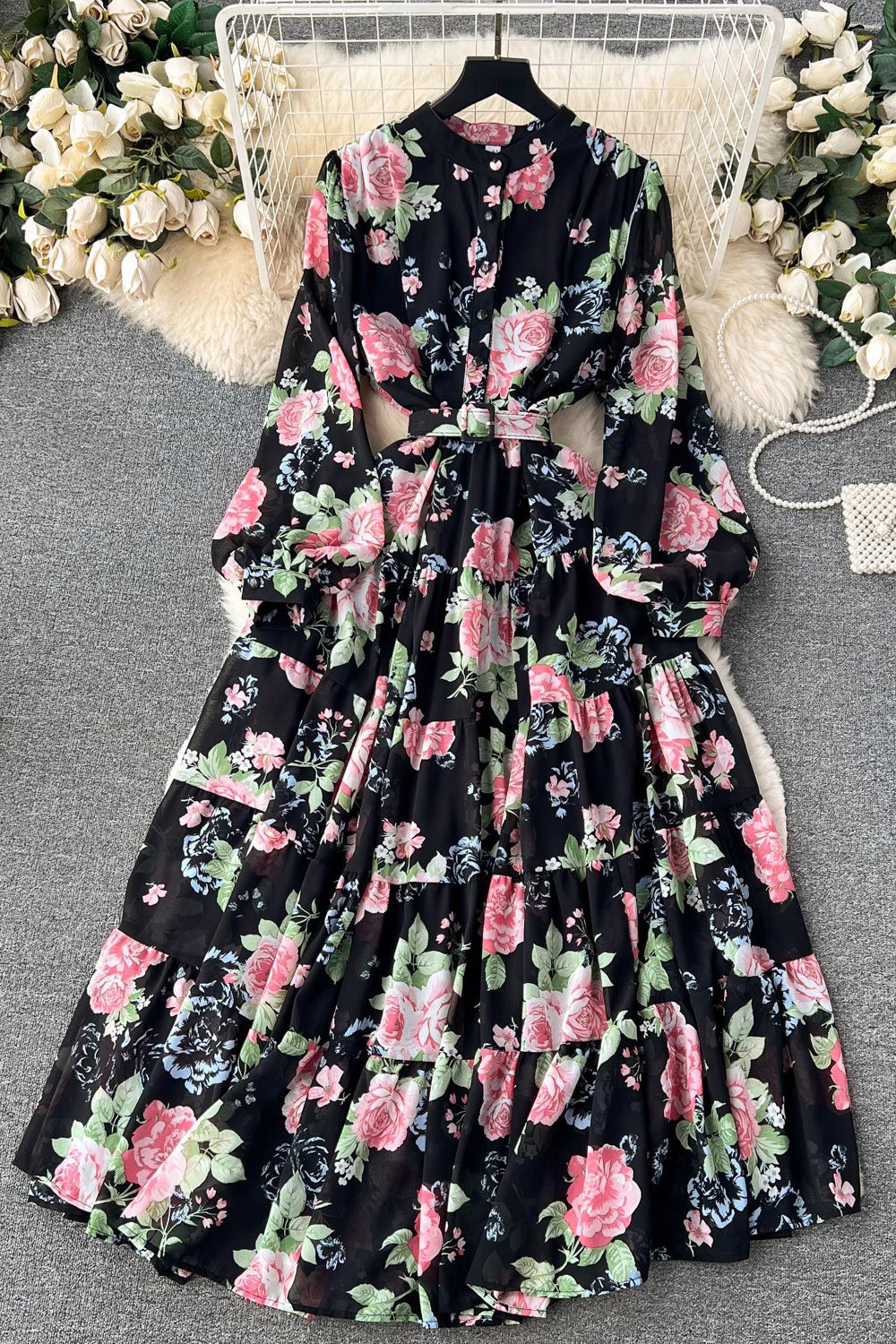 Chiffon Long Sleeve Floral Maxi Dress