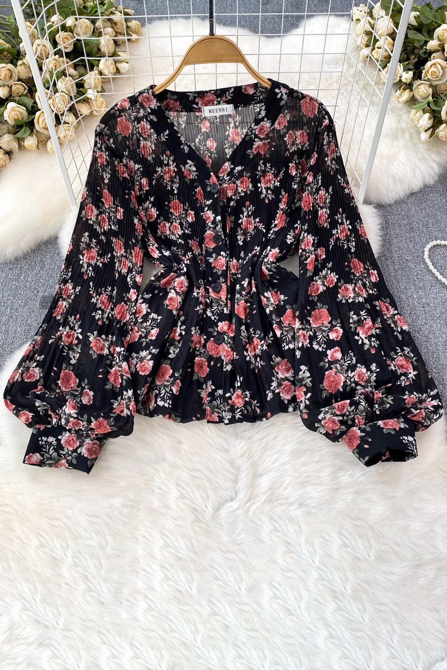 V-Neck Long Sleeve Ruffle Buttons Top