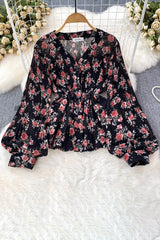 V-Neck Long Sleeve Ruffle Buttons Top