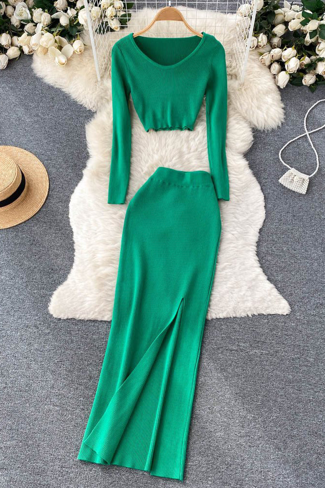 Long Sleeve Tops Skirt Set Two-Piece