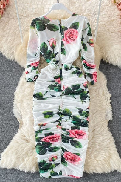 Square Collar Long Sleeve Print Ruffle Maxi Dress