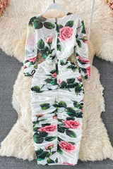 Square Collar Long Sleeve Print Ruffle Maxi Dress