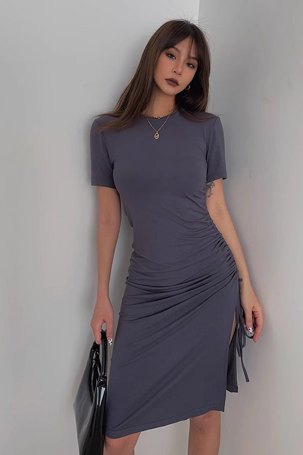 Solid Short Sleeve Drawstring Side Split Dress