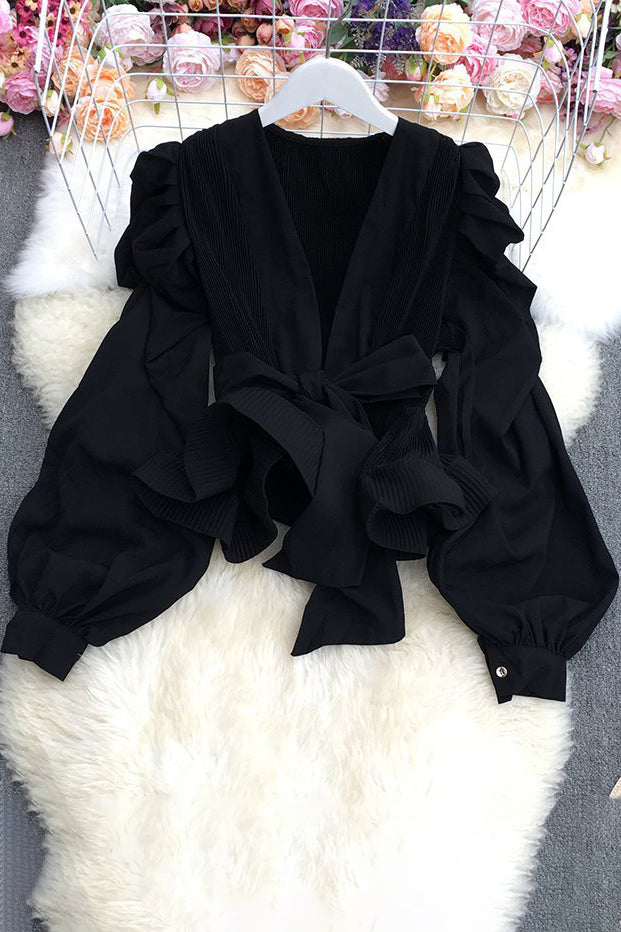 Lace Long Sleeve V-Neck Strappy Bow Ruffle Tops