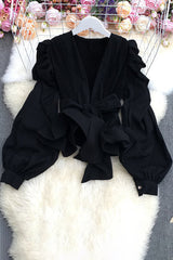 Lace Long Sleeve V-Neck Strappy Bow Ruffle Tops