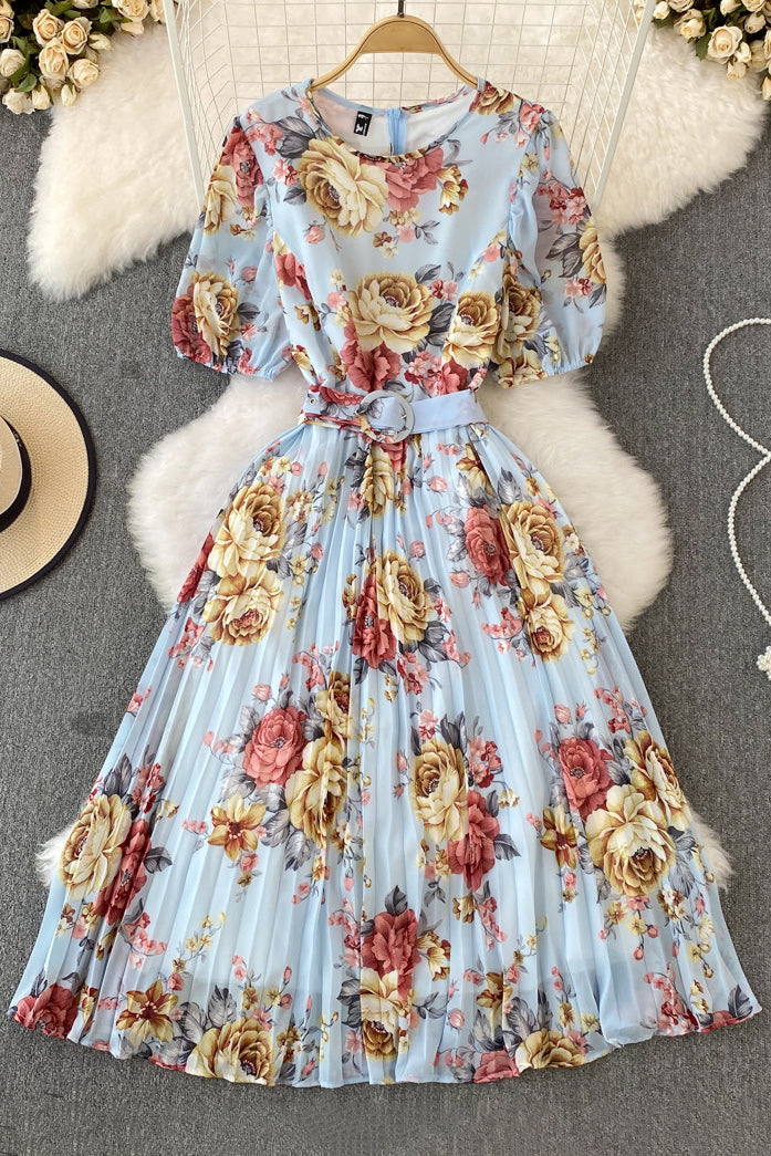 Flower Print Short Sleeve Pleated Dress