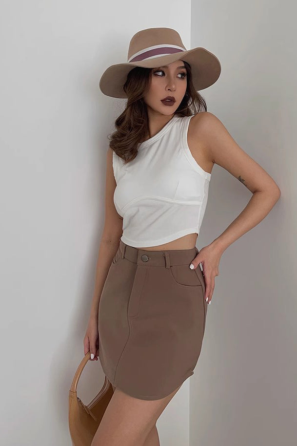 Buttoned Front Asymmetrical Hem Belted Skirt